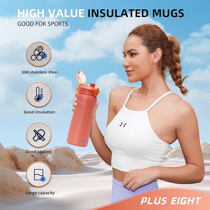 Sports Water Bottle, 25 oz Insulated Water Bottle With Straw, Stainless Steel Water Bottle Wide Mouth for Sports, Gym or Office, BPA-Free Keep Cold 24H Hot 12H (Orange)