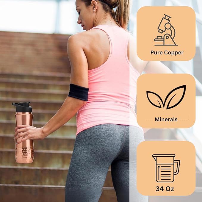 Pure Copper Water Drinking Bottle with Sipper - Copper Hammered Ayurvedic Vessel For Drinking - Drink More Water, Reduce Sugar Intake - Ayurveda Health Benefits - 34 Oz