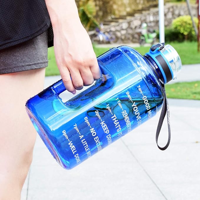 QuiFit 1 Gallon Water Bottle - 128 oz Water Bottle with Times to Drink - BPA Free Motivational Water Bottle with Infuser - Large Water Bottle - Sports Water Bottle 1 Gallon in Gym(Blue, 1 Gallon)