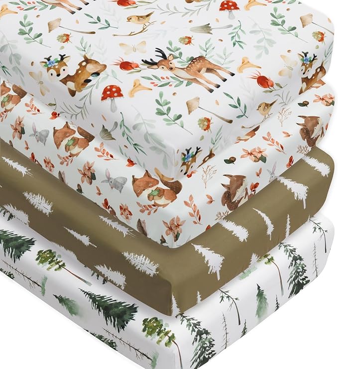 4 Pack Woodland Forest Animals Wood Neutral Unisex Fitted Baby Crib Sheets Set for Baby Boys or Girls (Beer, 52 * 28)