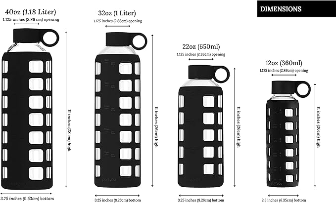 purifyou 40/32 / 22/12 oz Glass Water Bottles with Volume & Times to Drink, Extra Thick Silicone Sleeve, Reusable Bottle for Fridge Water, Milk, Juice (32oz Jet Black)
