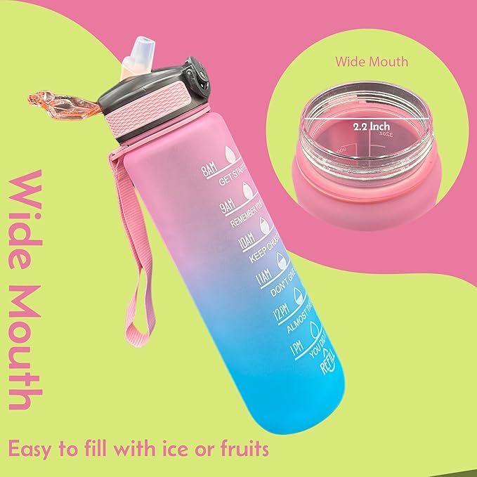 Yaa Fresh Water Bottles, 32oz Motivational Sports Water Bottle with Time Marker-Times to Drink-Tritan, BPA Free, Leakproof water bottle (1 Pack) (Pink-Blue), 1101-1