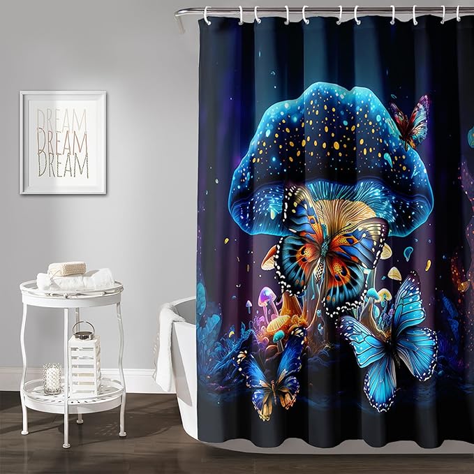 AILONEN Beautiful Butterfly Shower Curtain Bathroom 72" W*96" H Sparkly Blue Butterflies Curtain Cloth Fabric Bathroom for Girls Kids,Magic Mushroom Shower Curtain Set