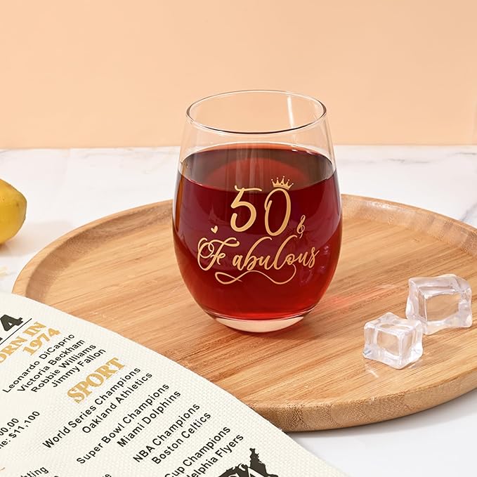 DAZLUTE 50th Birthday Gifts for Women, 50 & Fabulous Wine Glass with 1 Pack Reusable Burlap Wine Bag, 50 Year Old Wine Glass Birthday Gift for Women Mom Friend Sister Wife Aunt Grandma, 17 Oz Gold