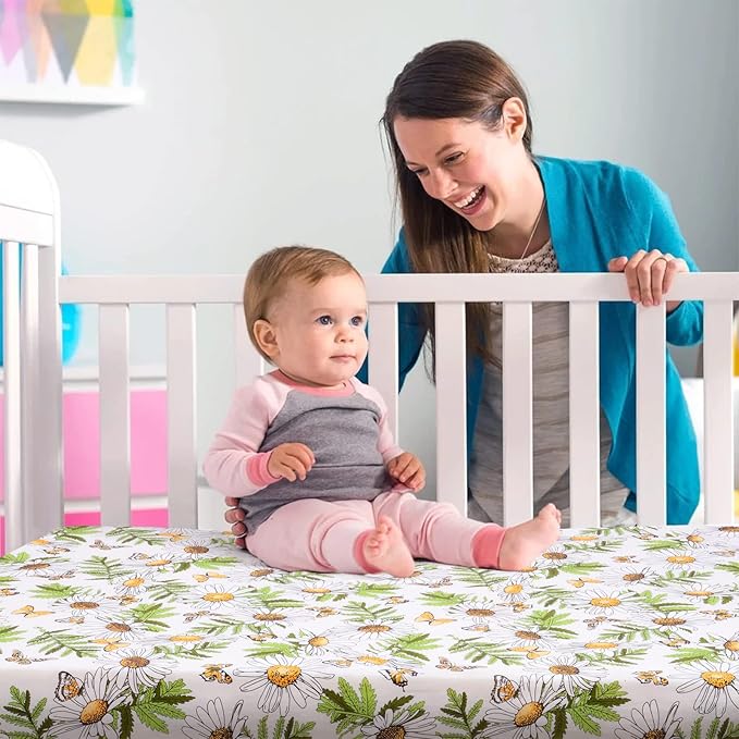 JISEN Baby Crib Sheet 1 Piece Portable Fitted Crib Sheet for Standard Crib and Toddler Mattresses Nursery Bed Decor for Boys Girls 28x52 Inch Daisy Butterfly
