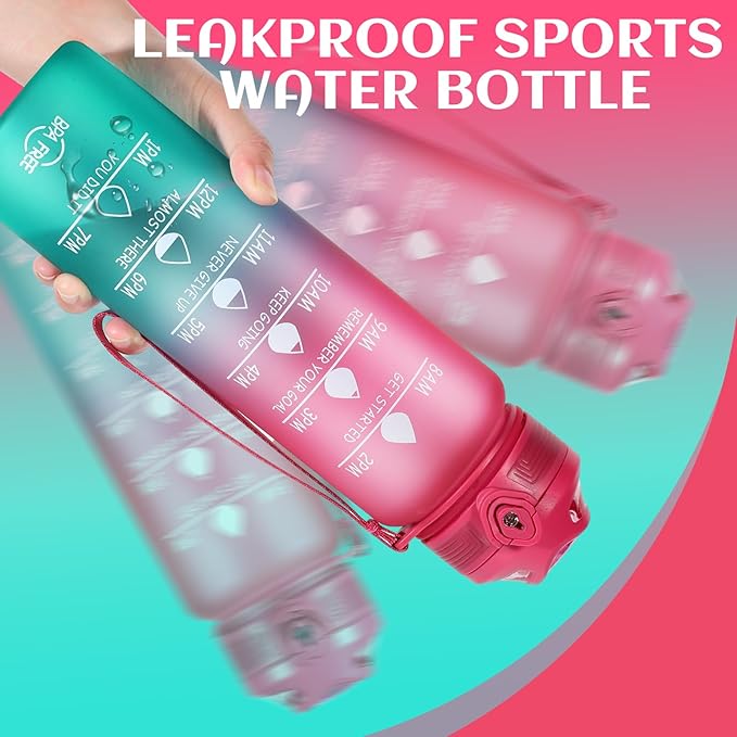 Water Bottle 32 oz, Motivational Sports Water Bottles Tritan BPA Free Water Bottle No Straw With Time Marker, Wide Mouth Leakproof Water Bottle with Strap for Gym Fitness Hiking Bike Camping - Pink