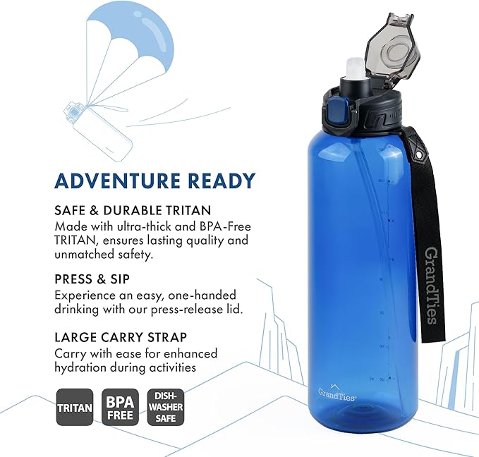 GRANDTIES Sports Tritan Plastic Water Bottle with Straw, Removable – Leakproof BPA Free Dishwasher Safe Travel Water Bottle with Strap – Reusable Water Bottle for Gym, Outdoor, Fitness 52oz Navy