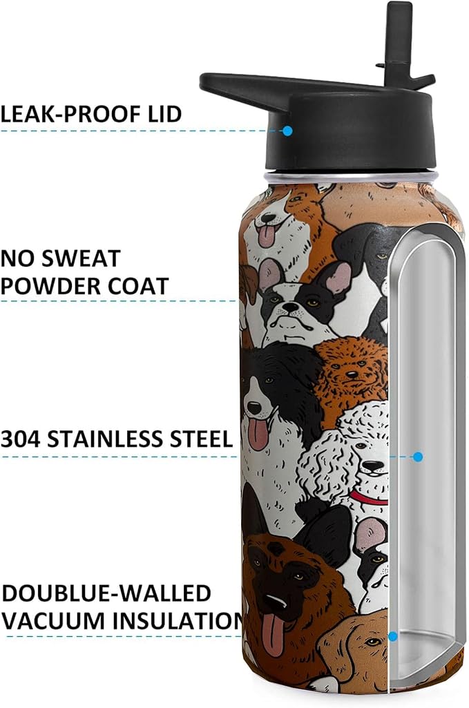 32 oz Dog Water Bottle Insulated Vacuum Stainless Steel Sports Water Bottle with 2 Lids (Straw and Spout Lid) for Gym Camping Hiking