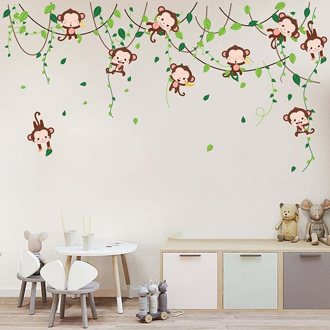 Monkey Climbing Tree Wall Stickers - Jungle Animals Vine Leaves Wall Decals - Baby Nursery Kids Girls Boys Room Daycare Playroom Classroom Wall Decor