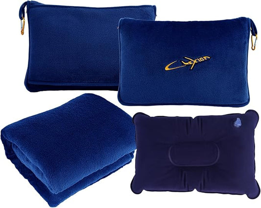 3 in 1 Travel Pillow and Blanket Set, Premium Soft 300 GSM Thick Airplane Blanket Compact with Bag for Long Trips Essentials, Hand Luggage Sleeve and Backpack Clip (Navy)