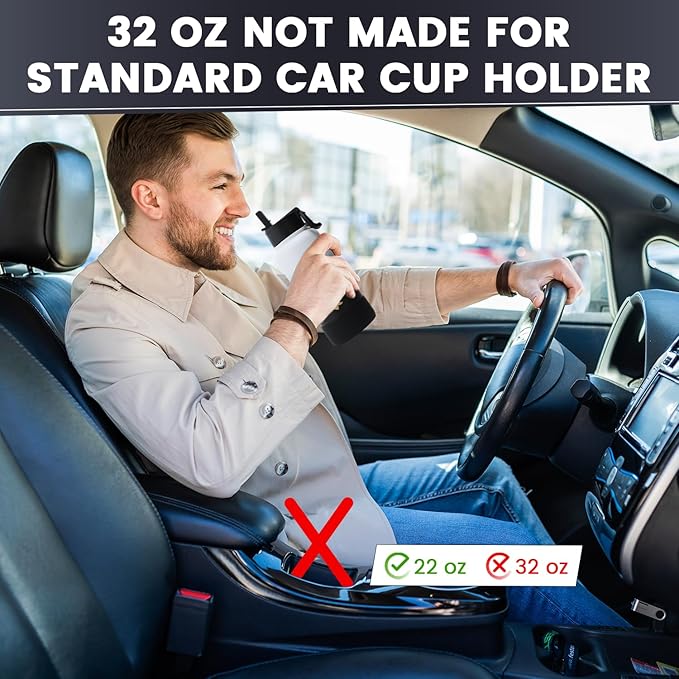 Water Bottle 32oz, Triple Walled Insulated Stainless Steel Reusable Bottle, Silicone Sleeve, Cleaning Brush, 2 Lids (Spout lid & Straw lid w/2 straw), Metal Mug Gallon, BPA Free, Day&Night