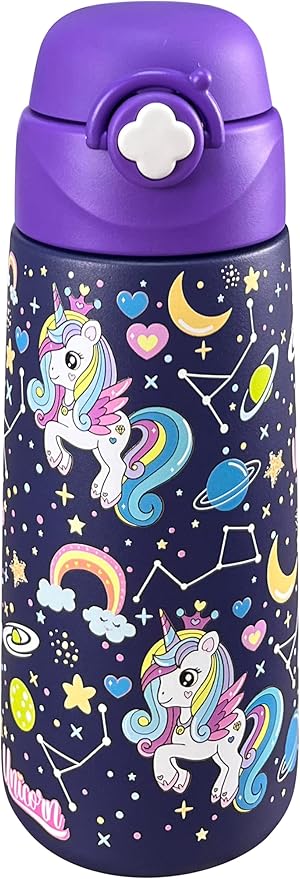 Kids Insulated Water Bottle with Covered Pop-Up Straw,16oz Kids Cups with Stainless Steel Leak Proof for School Boys Girls（Purple Unicorn-2）