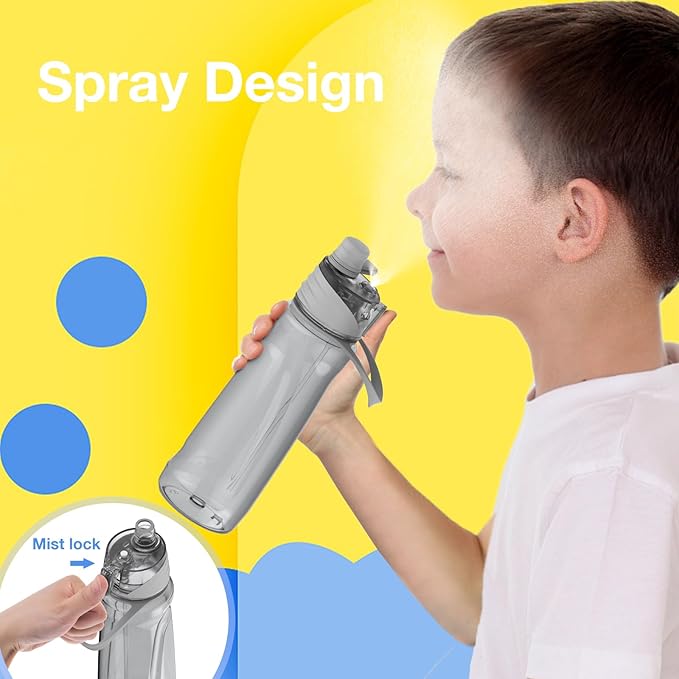 FEIJIAN Mist Water Bottle,22oz Sports Water Bottle with 2-IN-1 Mist & Sip Function, BPA-Free Plastic Water Bottles, Misting Water Bottle, Leakproof & Lightweight, Ideal for Fitness and Outdoor, Gray