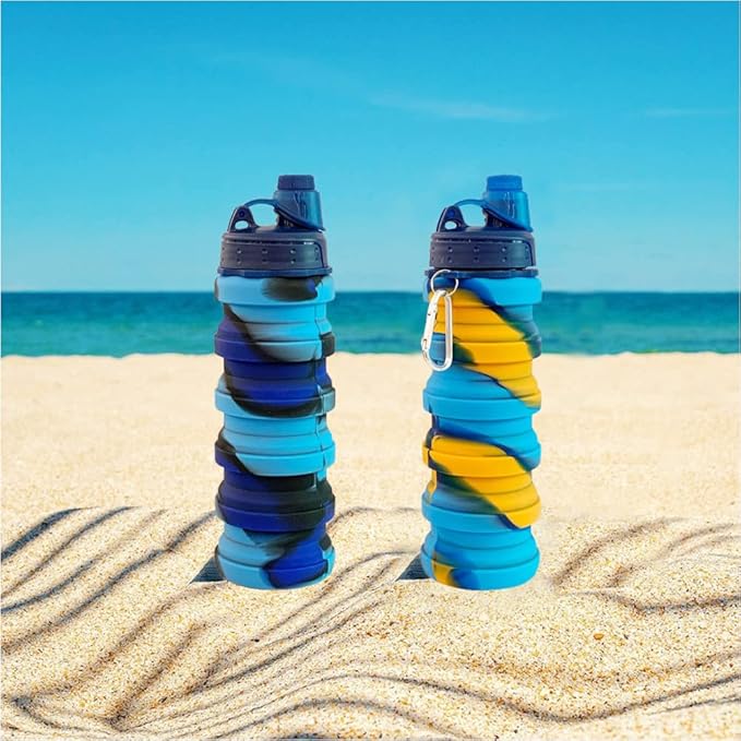 Collapsible Water Bottles 2 pack Travel Water Bottle Portable Hiking Water Bottle with Leak proof 500ML Reusable BPA Free Silicone Water Bottles. (Blue Camouflage +Yellow Camouflage)