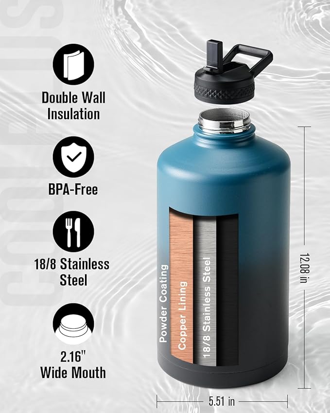 Coolplus Gallon Water bottle insulated with straw, Water Jug 128 oz Stainless Steel Double-Walled Vacuum Metal Large Flask With Carry Sleeve Bpa-Free Leakproof, Keep Cold 48 Hrs, Blue Black
