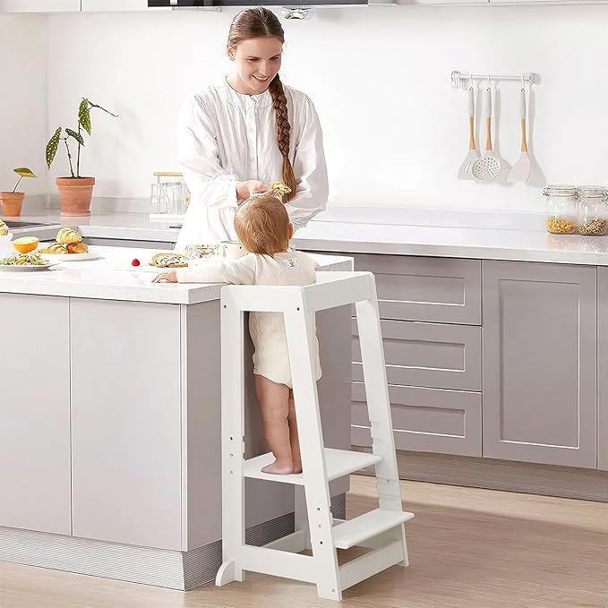 Kids Kitchen Step Stool, Step Stool for Toddlers, Adjustable Height Toddler Standing Tower, Anti-Slip Protection with guardrail, The Anti-Tipping Structure is More Stable (White)