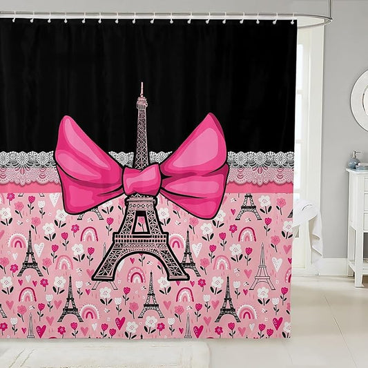 Feelyou Eiffel Tower Shower Curtain 72"x84" Kids Romantic Paris Bowknot Bathroom Shower Curtain Set for Boys Girls Teens Black Pink Bath Curtain Modern French Bathroom Accessories