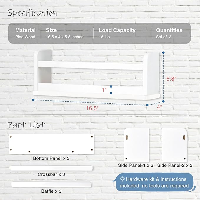 White Nursery Floating Bookshelves for Kids Room Wall Decor, Montessori Bookshelf and Corner Book Shelves for Bedroom, Spice Rack Shelf Organizer for Cabinet Small Spaces (Set of 3)