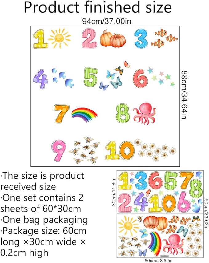 Colorful Numbers and Animals Wall Decal - 94x37cm Decorative Sticker for Kids' Rooms