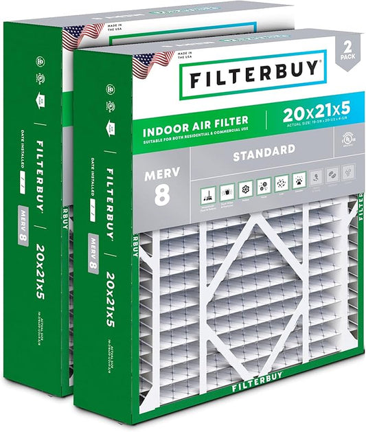 Filterbuy 20x21x5 Air Filter MERV 8 Dust Defense (2-Pack), Pleated HVAC AC Furnace Air Filters Replacement for Lennox and Electro-Air (Actual Size: 19.88 x 20.50 x 4.38 Inches)