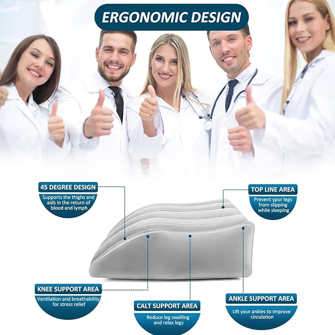 Inflatable Leg Elevation Pillow-Neck Support Pillow Lumbar Support Pillow-Leg Wedge Bed Pillow Knee Support Pillow Hip Pillow, 45 Degree Wedge Leg Bolster Pillow Fast Inflating Deflation (Grey)