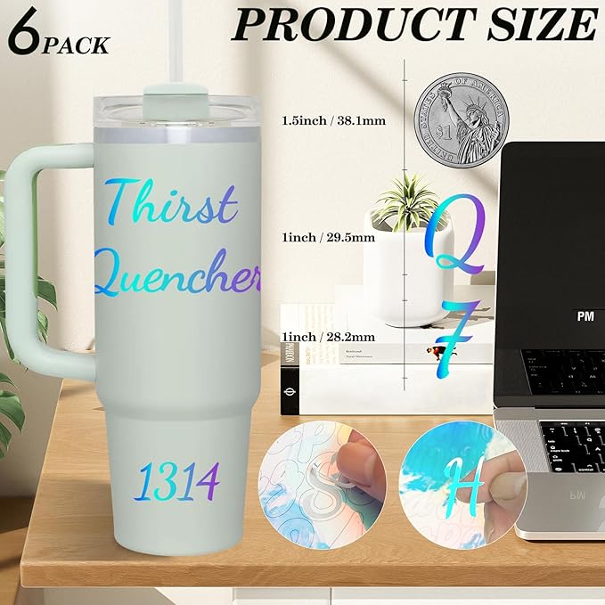 6 Pcs Letters Stickers for Stanley Cup - Colorful Waterproof Self-Adhesive Alphabet Sticker, Vinyl Shiny Tumbler Decorate for Water Bottle Desk Laptop Classroom Adults Kids Gifts
