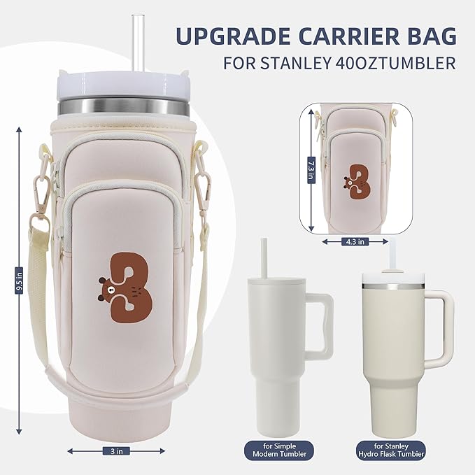 Water Bottle Carrier Bag with Phone Pocket for Stanley 40 oz Tumbler Neoprene Water Bottle Holder Pouch with Adjustable Strap Bollus with Straw Cover & Carabiner for Stanley Cup Accessories