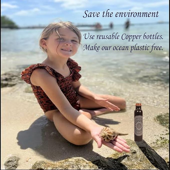 Pure Copper Water Bottle - Handcrafted - Ayurveda health benefits - Large 35 oz - Leak proof - Easy to carry for Sports, Fitness, Yoga, School - Ethnic Rangoli Inspired Black Base Enamel