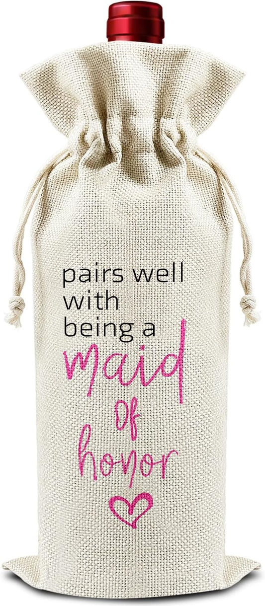 Pairs Well with Being A Maid of Honor - Gifts for Bridesmaid Wine Bags, 1 PC Reusable Drawstring Burlap Wine Bottle Bags, Wedding Gifts for Ladies Women, Bridal Shower Party Decorations -33