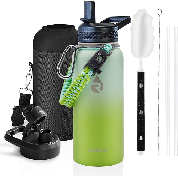 Insulated Water Bottle 32 oz, Triple Wall Vacuum Stainless Steel (Cold for 48 Hrs), Leak Proof & Non-BPA, Modern Water Flask Jug with Paracord Handle & Straw Spout Lids, Ombre Green