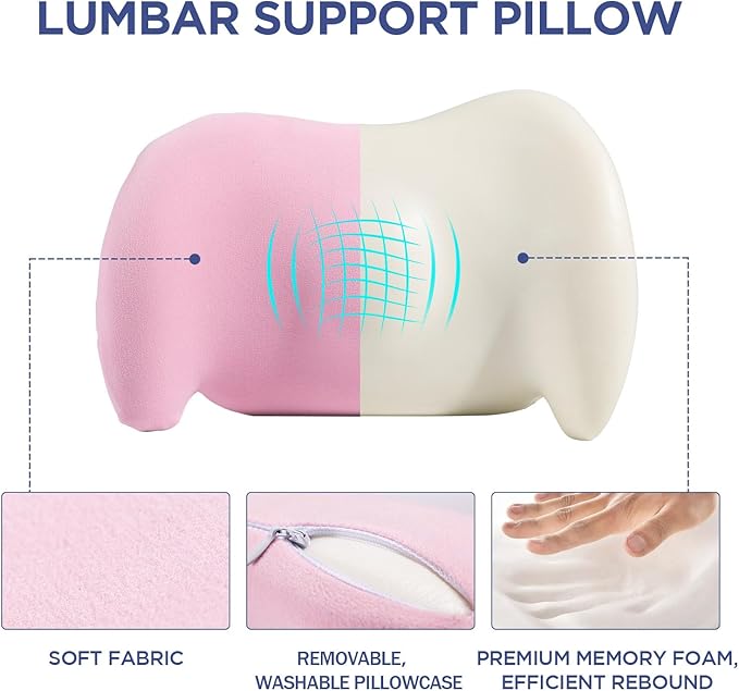 Lumbar Support Pillow for Office Chair, Car Lumbar Pillow Lower Back Pain Relief, Memory Foam Back Cushion with Adjustable Straps, Ergonomic Chair Back Pillow for Gaming Chair, Car, Bed (PINK)