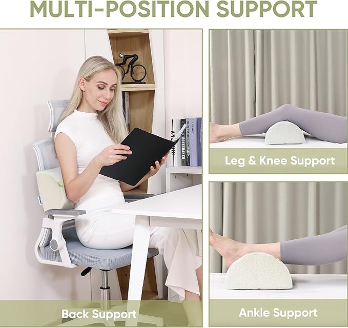 Forias Knee Pillow for Back Sleeping, Memory Foam Bolster Pillow for Legs Elevation Half Moon Pillow Leg Elevating Pillow for Relaxation, Washable Pillowcase Crafted with Rayon Derived from Bamboo