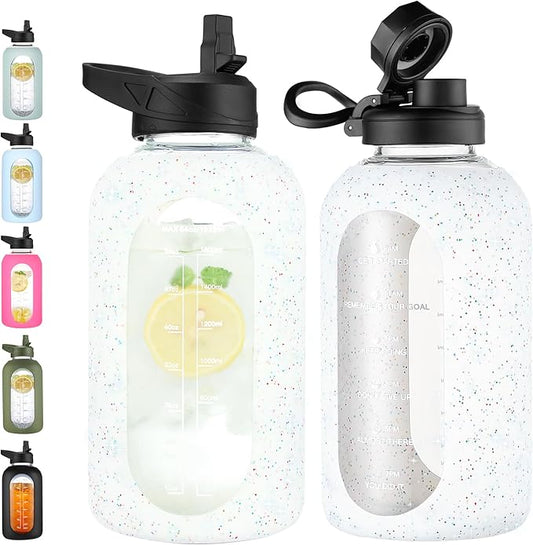 CIVAGO 64 oz Glass Water Bottle Jug with Straw and Handle, Half Gallon Sports Motivational Water Bottle with Time Marker, Wide Mouth Water Flask Canteen with Silicone Sleeve for Gym,Sequin