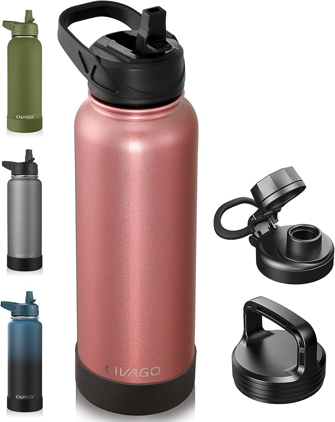 CIVAGO 40 oz Insulated Water Bottle With Straw, Stainless Steel Sports Water Flask Cup with 3 Lids (Straw, Portable Spout and Handle Lid), Double Walled Travel Thermal Canteen Mug, Rose Gold