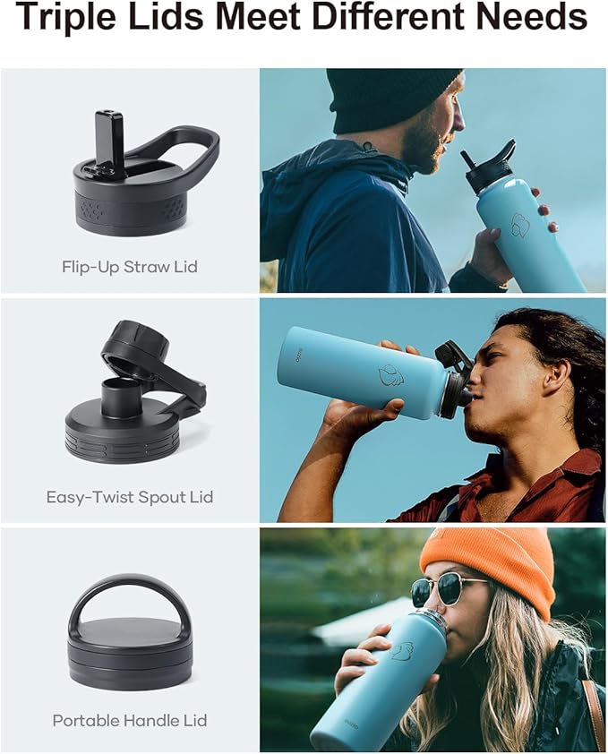 BUZIO Water Bottle with Straw lid, Spout Lid, Hand Lid and Carrying Pouch, 32oz 40oz 64oz Stainless Steel Water Flask Jug, Cold for 48 Hrs Hot for 24 Hrs Double Vacuum Thermo Canteen Mug, BPA-Free