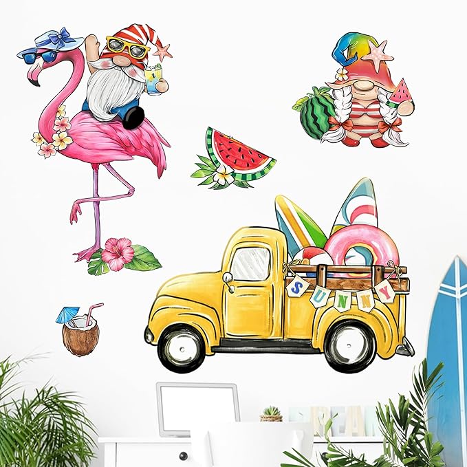 Mfault Summer Gnome Wall Decals Stickers, Sunny Flamingo Yellow Truck Farmhouse Decorations Bedroom Art, Tropical Watermelon Coconut Seasonal Home Kitchen Hawaii Holiday Decor