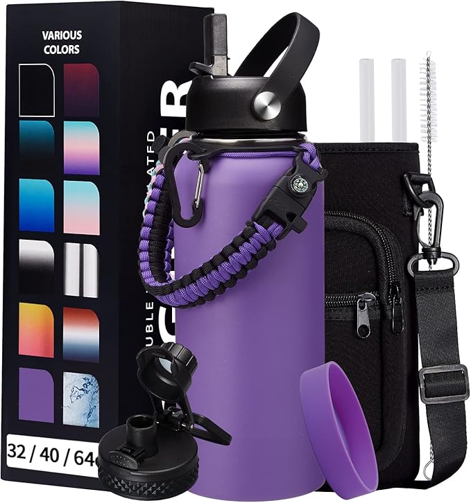 32 oz Water Bottles with Straw & Spout Lid, Paracord Handle & Strap, Double Wall Insulated Flask Water Bottle, Reusable Wide Mouth Gym Water Bottles for Women and Men for Outdoor Fitness Sports