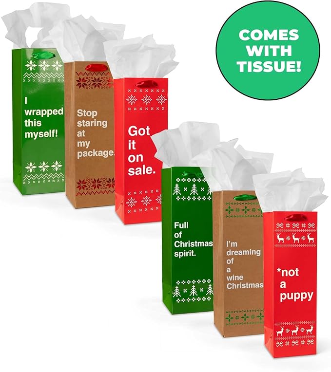 Tipsy Elves Christmas Gift Bags with Included Tissue Paper - Holiday Wine and Bottle Bags - One Size Only - Pack of 6 Bags