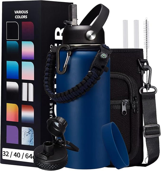 Stainless Steel Water Bottles 32oz - w/Paracord Handle, Straw/Spout Lid, Carrying Case & Protective Boot, Leak Proof Metal Thermo Bottle, Double Wall Vacuum Insulated Bottle Keep Cold 48H & Hot 24H