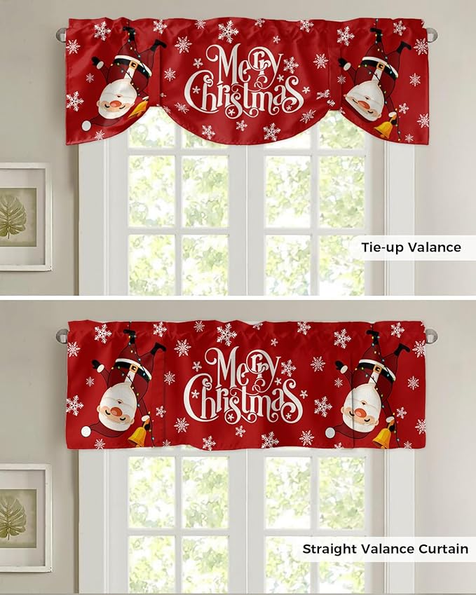 Red Merry Christmas Blackout Tie Up Valance Curtains for Kitchen Windows Funny Hanging Santa Window Toppers Balloon Shades for Living Room/Bathroom/Bedroom,1 Panel, 42" X 12", Snow Winter Holiday