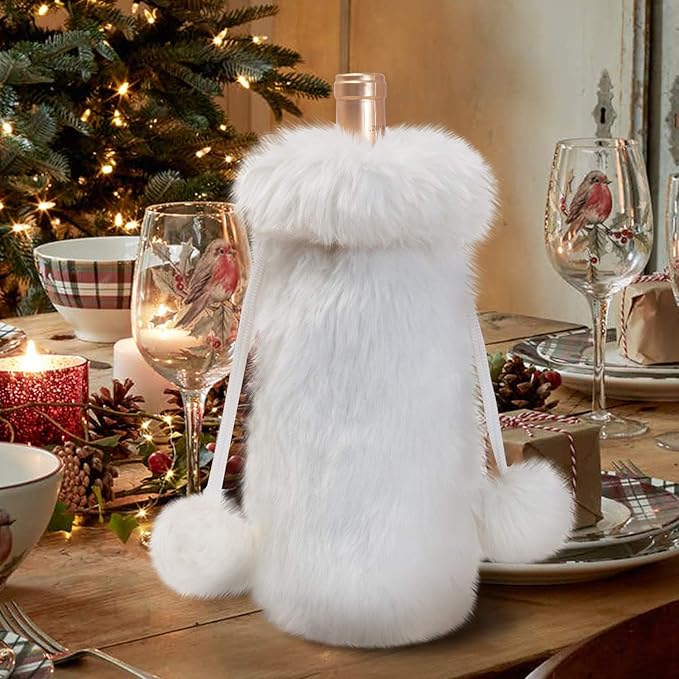Wine Gift Bags Christmas Champagne Gift Bag for Engagement Wedding Birthday Wine Bottle Cover Decorative Fluffy Plush Drawstring Bag for 750ml Wine Bottles, Housewarming Gifts (White)