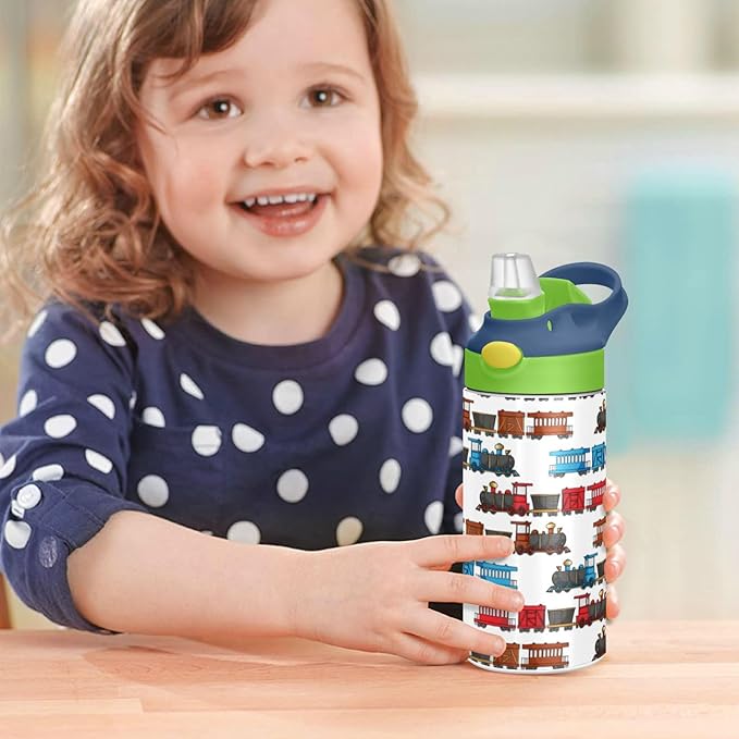 Colorful Truck Trains Railroad Kids Water Bottle with Straw Insulated Stainless Steel BPA-Free Sport Bottles for Boys Girls Toddlers 12 oz Green Lid