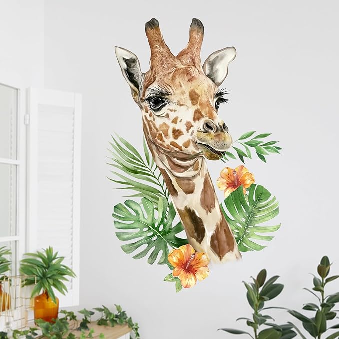 Mfault Safari Giraffe Wall Decals Stickers, Jungle Animal Palm Leaves Hibiscus Nursery Decorations Bedroom Art, Tropical Plant Woodland Neutral Toddlers Kids Baby Room Playroom Decor
