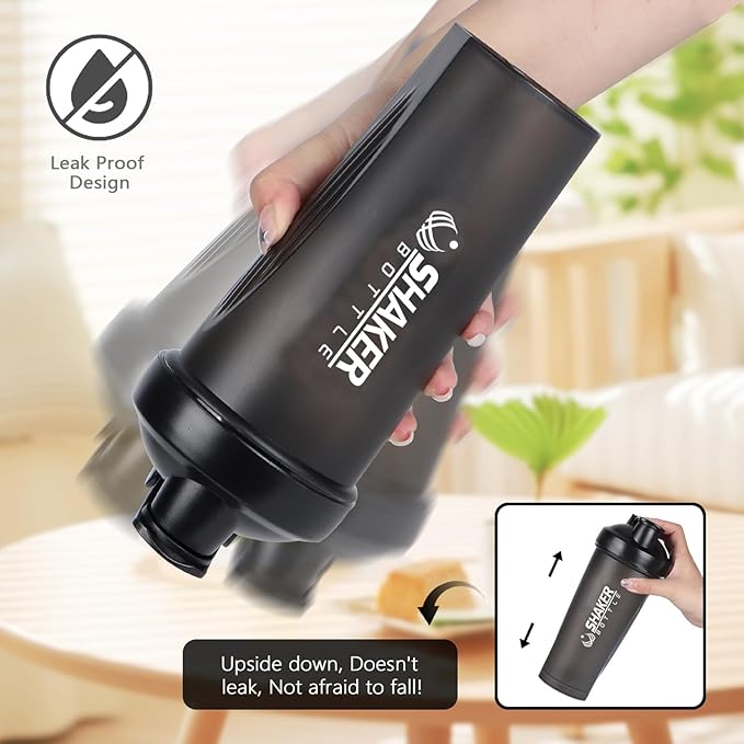 Shaker Bottle, 600ml Classical Protein Shaker Cup with Mixing Ball for Smooth blending, Leak-Proof GYM Workout Water Bottles for protein& Smoothie Shake，Bpa Free (20oz / Black)