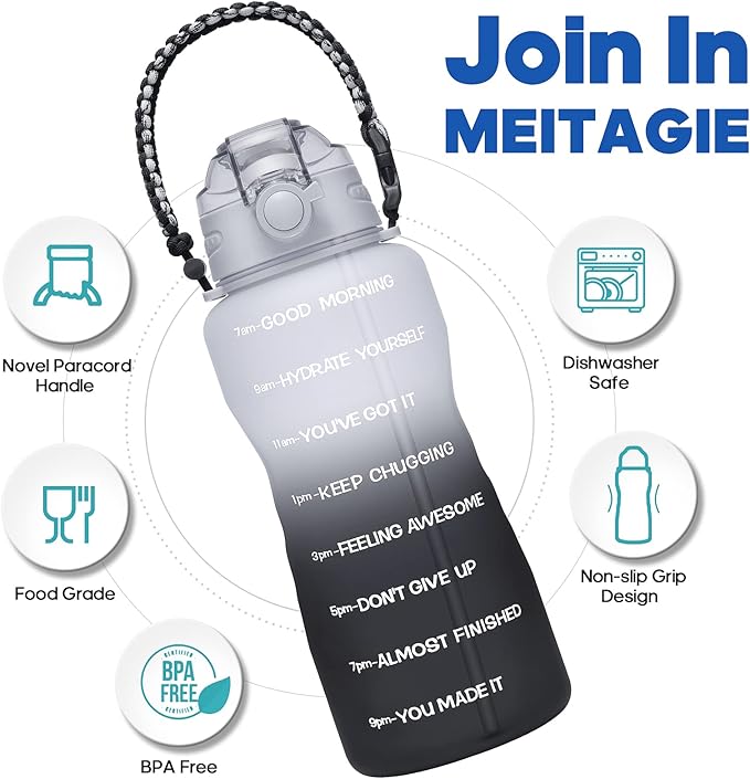 Water Bottles 1 / Half Gallon with Time Marker and Straw, Large Fitness Sports Motivational Bottle, Wide Mouth Leakproof and BPA Free for Travel, Gym,office,school