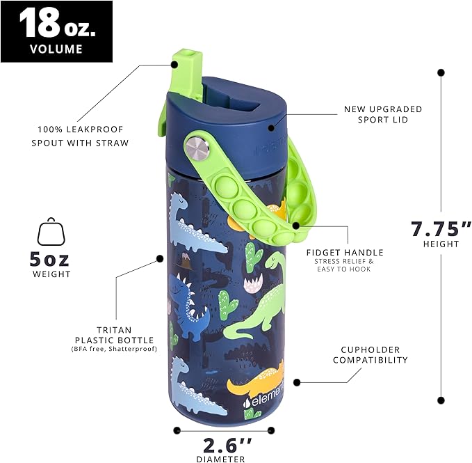 Elemental Leak Proof Water Bottles for Kids - Splash Kids Water Bottle for School with Fun Fidget Pop-it Handle - BPA Free Tritan Plastic Reusable Water Bottle with Straw - Dinosaur - 18oz