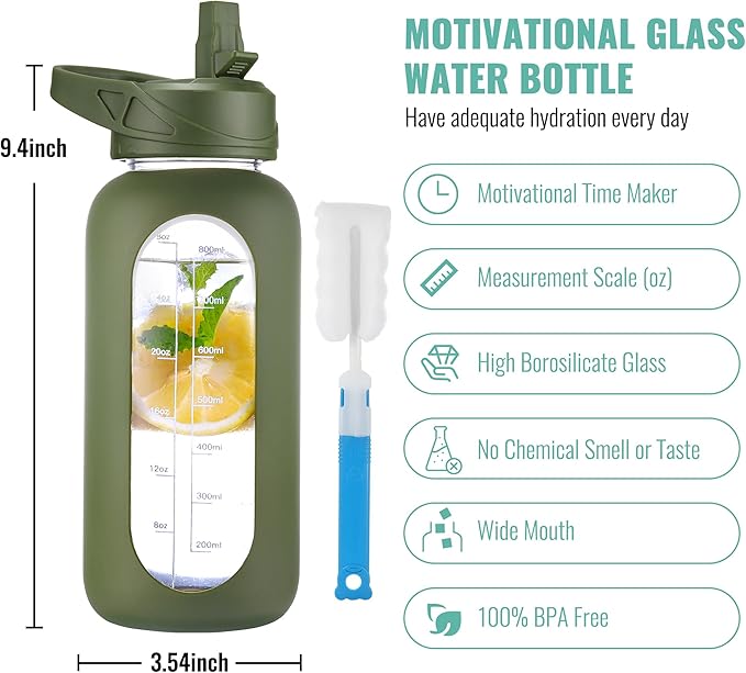 CIVAGO 32 oz Glass Water Bottle with Straw and Handle, Large Sports Motivational Water Bottle Flask with Time Marker, Leakproof Water Jug Canteen with Silicone Sleeve for Gym,Army Green