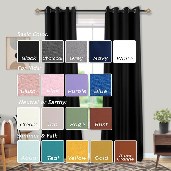 Mrs.Naturall Short Curtains for Windows,Blackout Curtains for Bedroom,Black,45 Inch Length