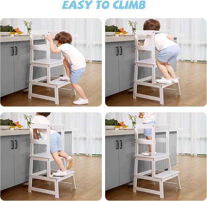 Kids Kitchen Step Stool, Standing Stool with Safety Rail for Toddlers 18 Months and Older, Safety Anti-Slip Protection, Removable Step Stool for Adult Use, White