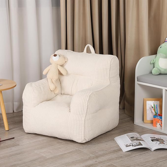 Kids Bean Bag Chair with a Plush Bear, Comfy Toddler Chair for Boys and Girls, Beige